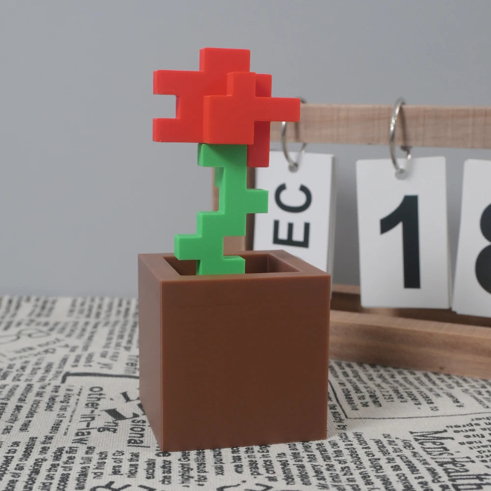 1 Piece Pixel Rose Flower Ornament, 3D Printed Unique Flower Decoration, Plastic Product, Suitable for Bedside Table, Desktop
