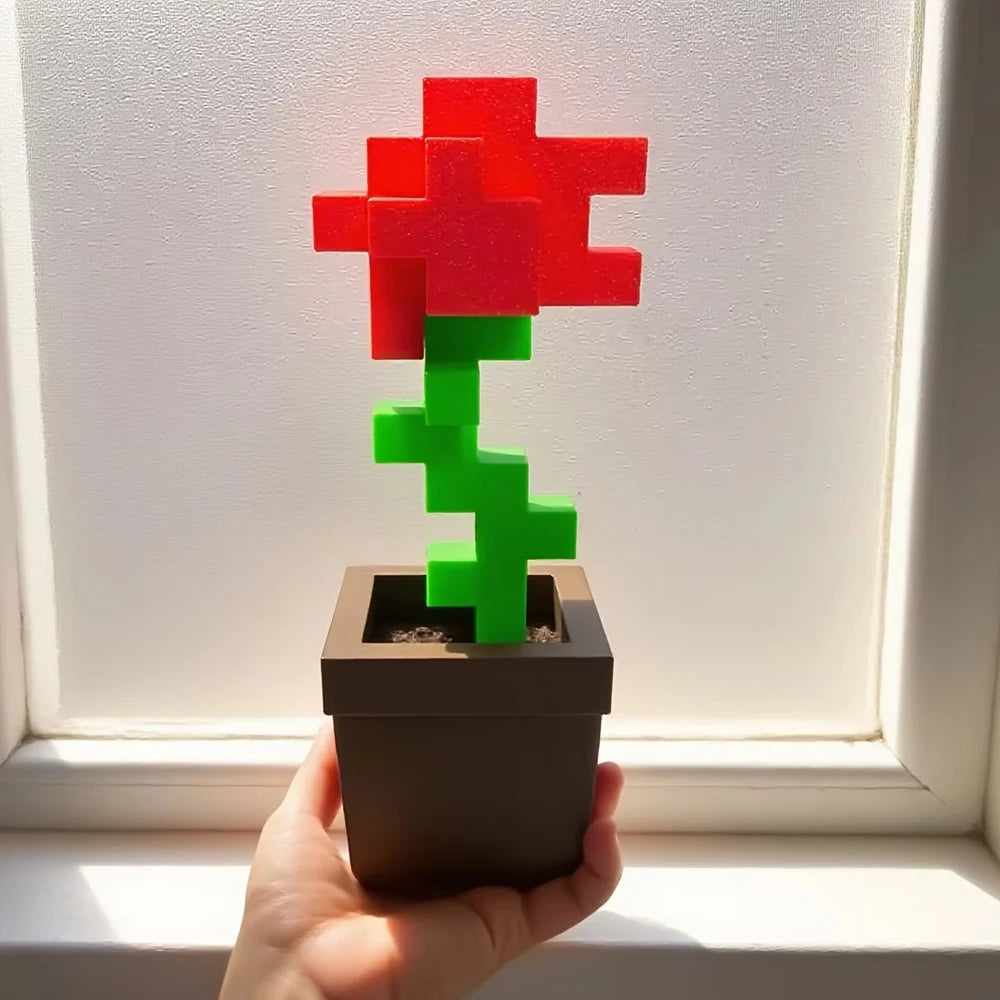 1 Piece Pixel Rose Flower Ornament, 3D Printed Unique Flower Decoration, Plastic Product, Suitable for Bedside Table, Desktop