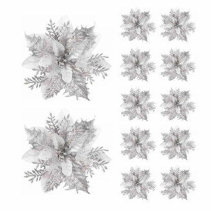5/10pcs 14.5cm Christmas Flower Ornaments,Pink,Red,Gold,Glitter Artifical Flowers For Christmas Tree,Xmas Decoration For Home