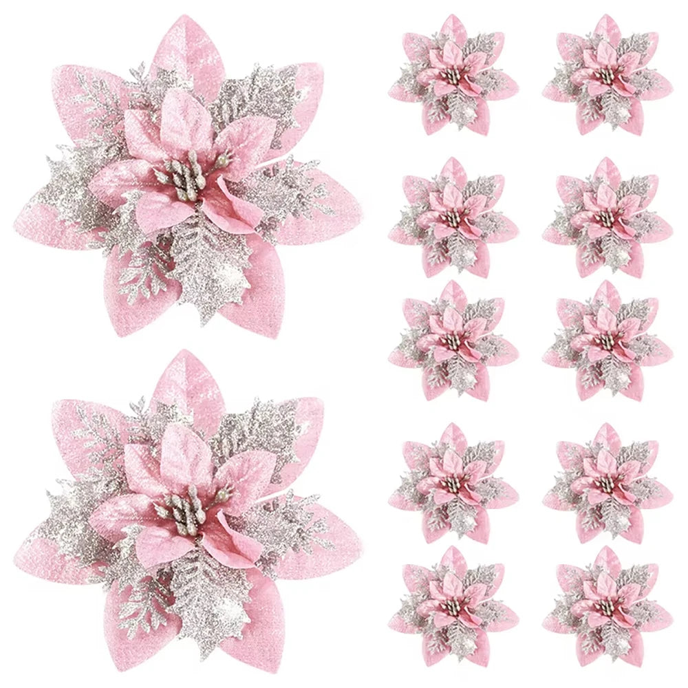 5/10pcs 14.5cm Christmas Flower Ornaments,Pink,Red,Gold,Glitter Artifical Flowers For Christmas Tree,Xmas Decoration For Home