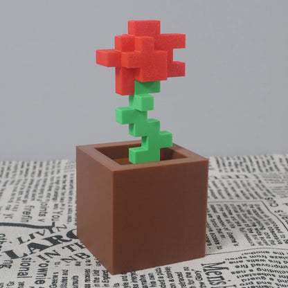 1 Piece Pixel Rose Flower Ornament, 3D Printed Unique Flower Decoration, Plastic Product, Suitable for Bedside Table, Desktop